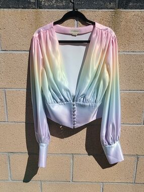 Lirika Matoshi Pastel Rainbow Satin V-Neck Blouse